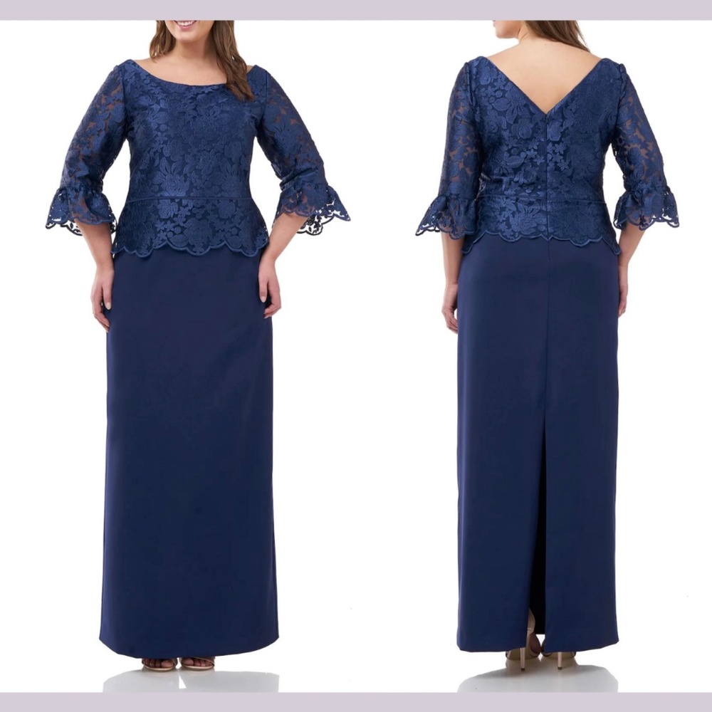 NWT $395 JS Collections [ PLUS 14W ] Embroidered Peplum‎ Column Gown in Navy